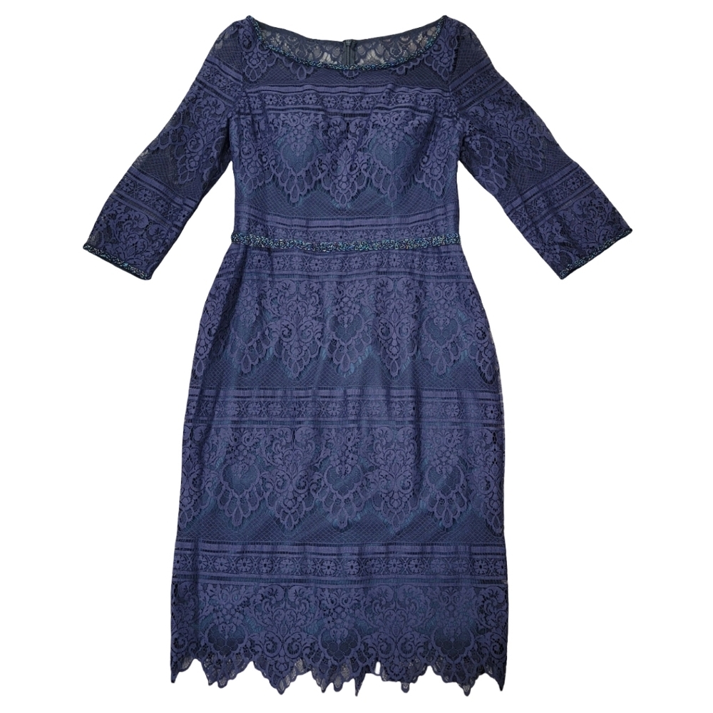 Social Occasions by Mon Cheri Navy Lace Midi Dress Beaded Wedding Guest Size 12 - Picture 3 of 17